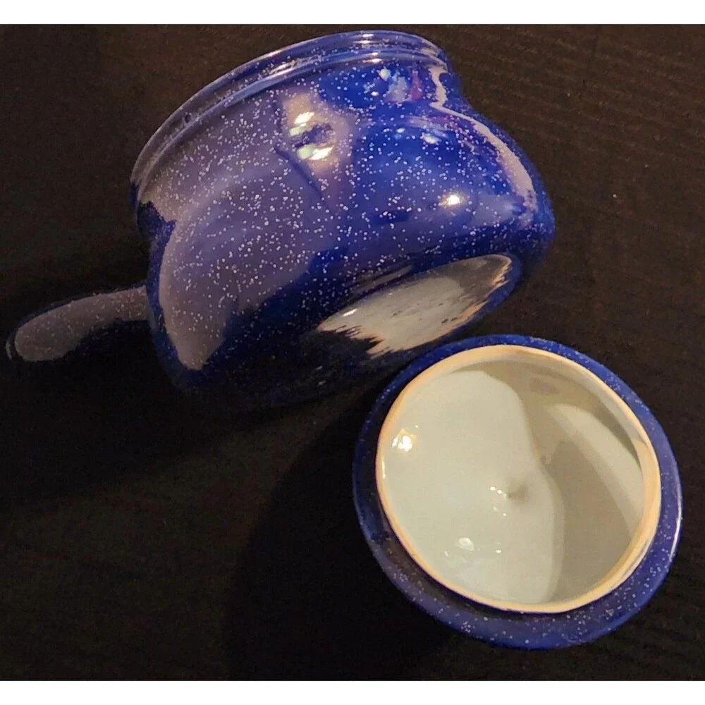 Vintage Blue Ceramic Crock Bowl with Handle & Lid